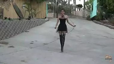 Vintage Car Babe Wearing Sexy Long Leather Boots